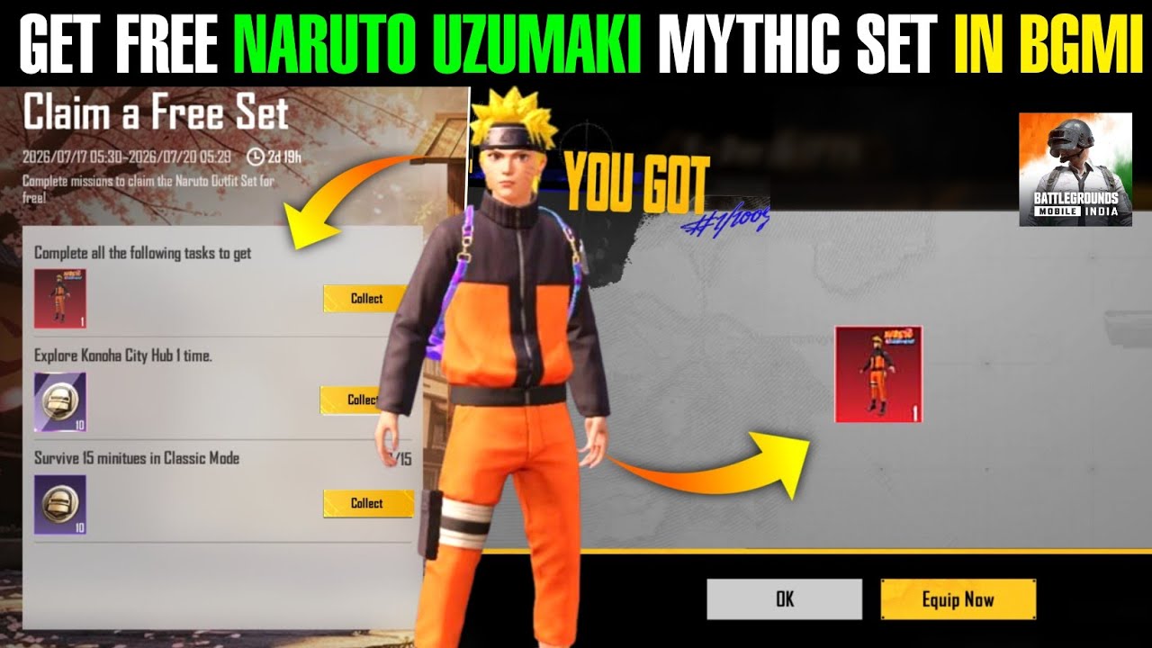 Get Free Naruto Uzumaki Set In Bgmi | Explore Konoha City Hub 1 Time