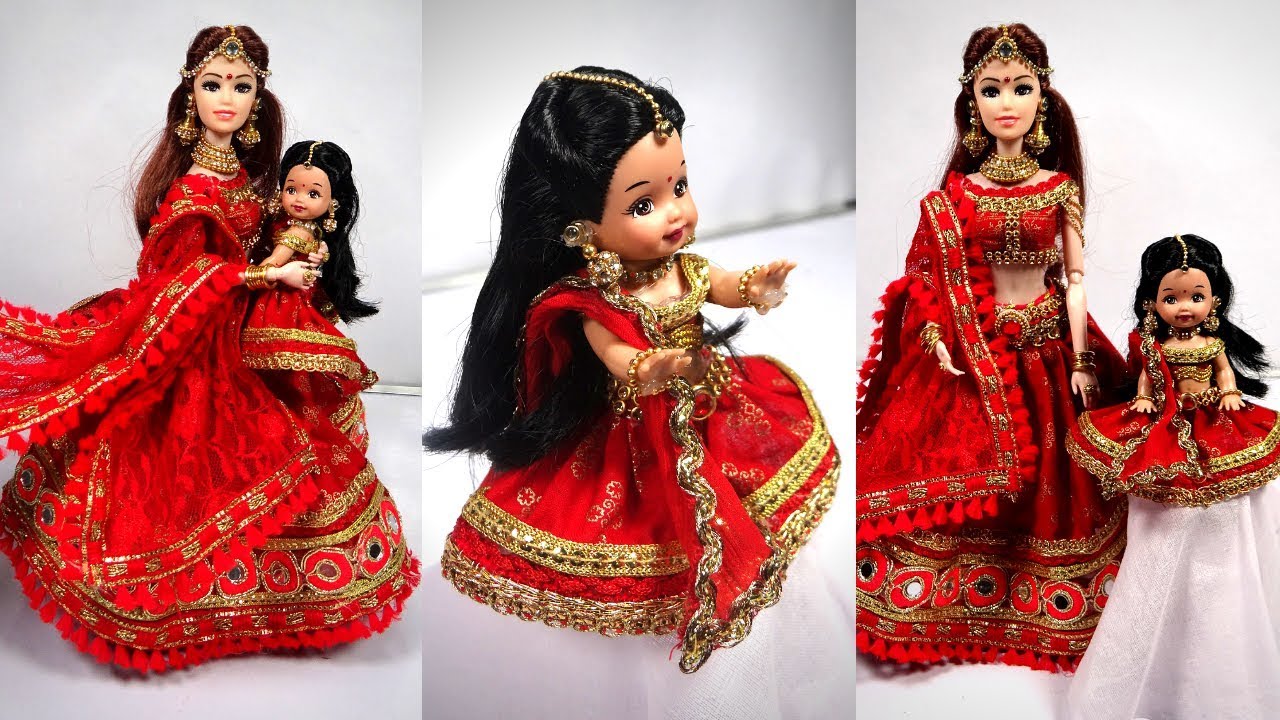 Indian Barbie MOM and DAUGHTER matching LEHENGA outfits with jewelry | Make DIY doll dress easy
