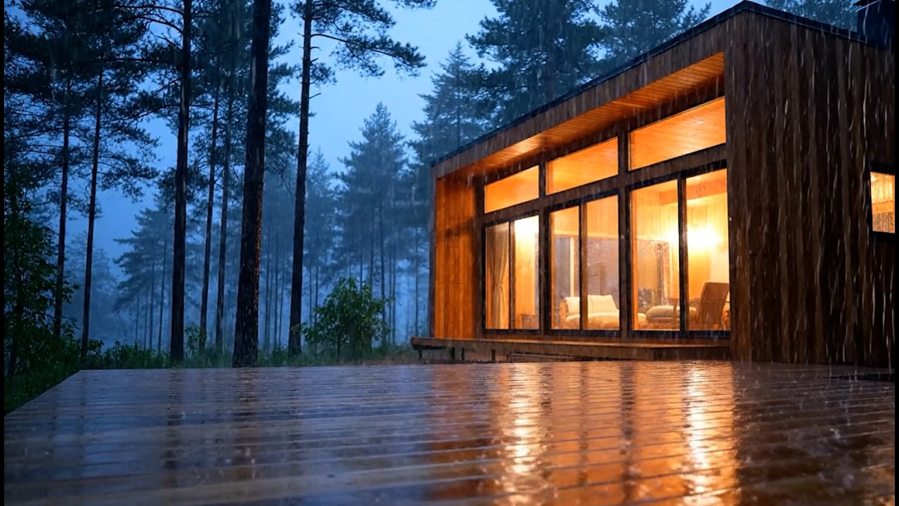Heavy Rain in a Modern Wooden Cabin 🌧️ A Warm Atmosphere in the Middle of the Forest