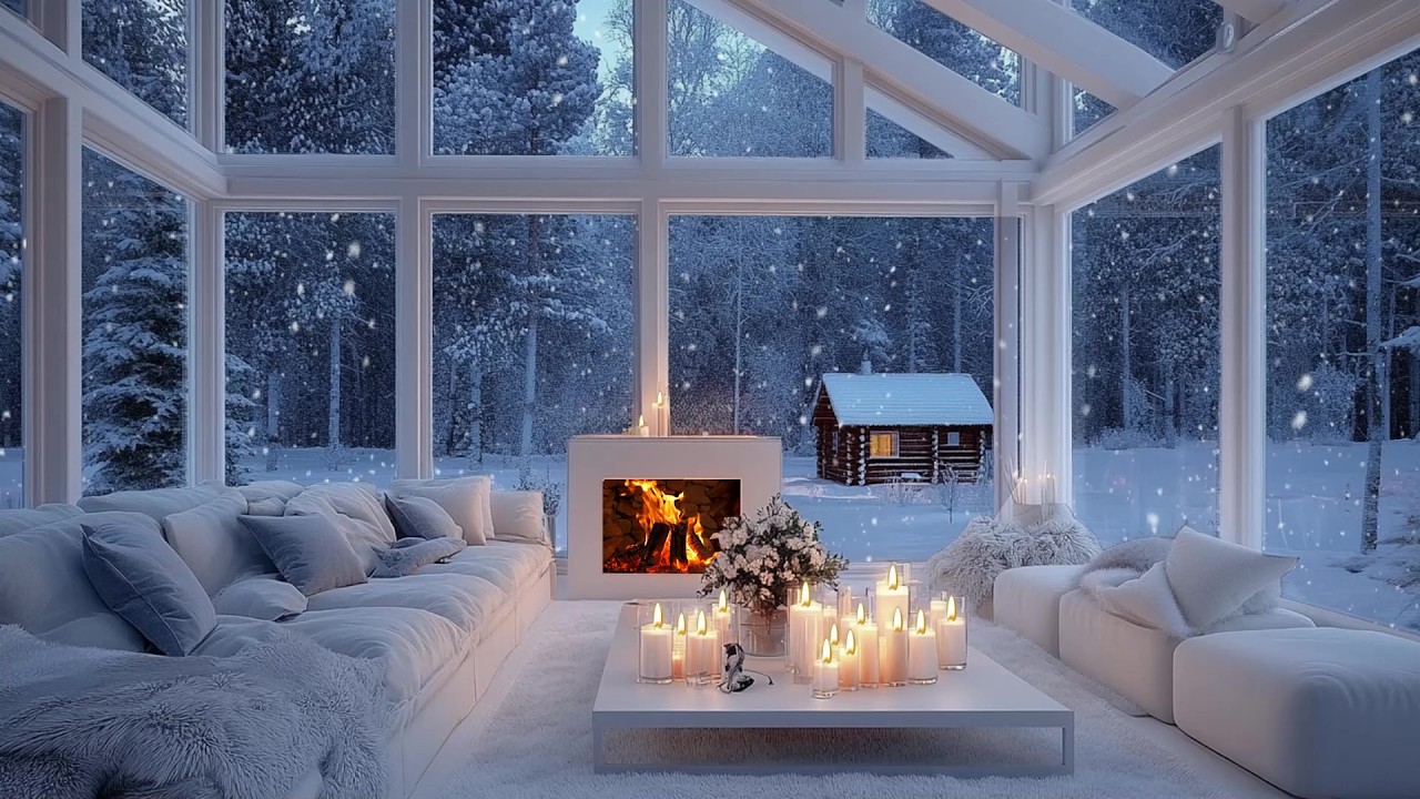❄️🎹 Snowfall Cabin Piano Retreat | Fireplace Warm Glow & Soft White Winter Flowers | Calm Nights