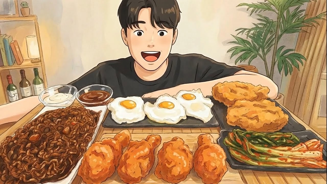 Fried Chicken vs. Braised Beef & Jjajang Noodles 🍗🥩🍜 | Anime Mukbang ASMR