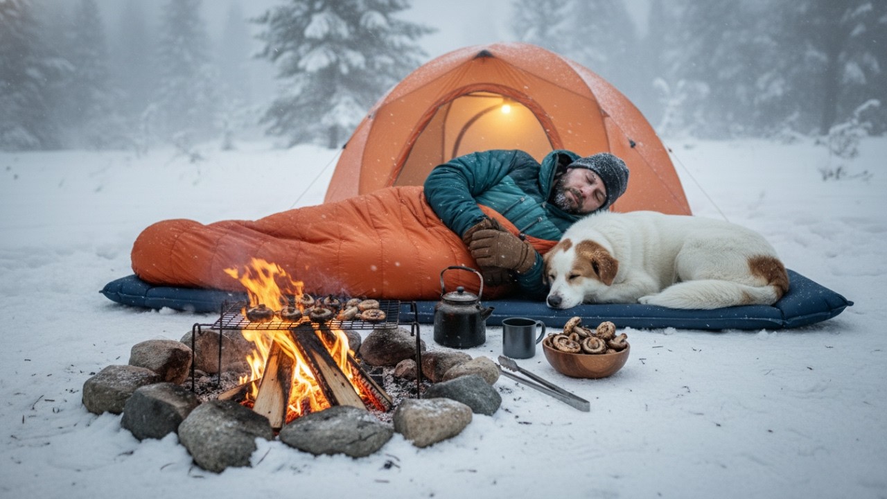 Cold Wind Hollow Camping with My Dog · Hex Inflatable Tent · Grilled Mushrooms ASMR