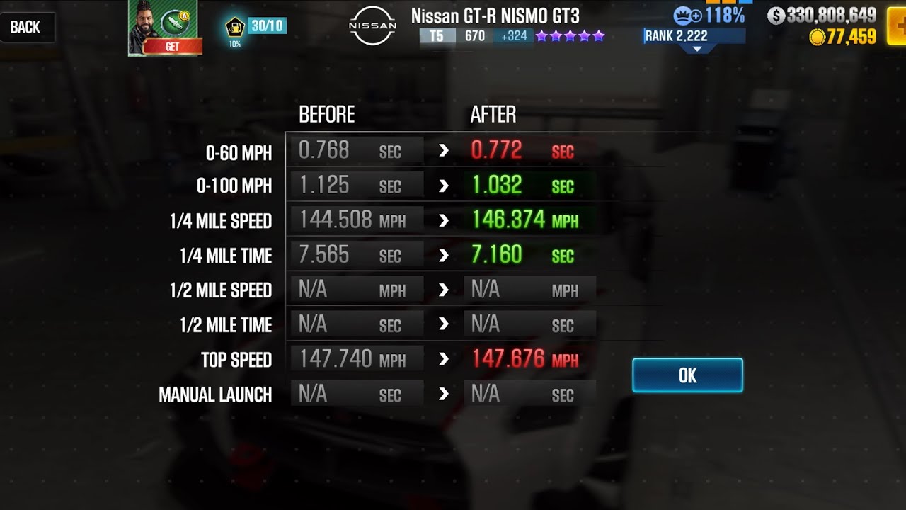 CSR2 - GT-R NISMO GT3 (PP 650-670) (0-100 sprint) - tune & shift for Tournaments (day 1) - 1.032