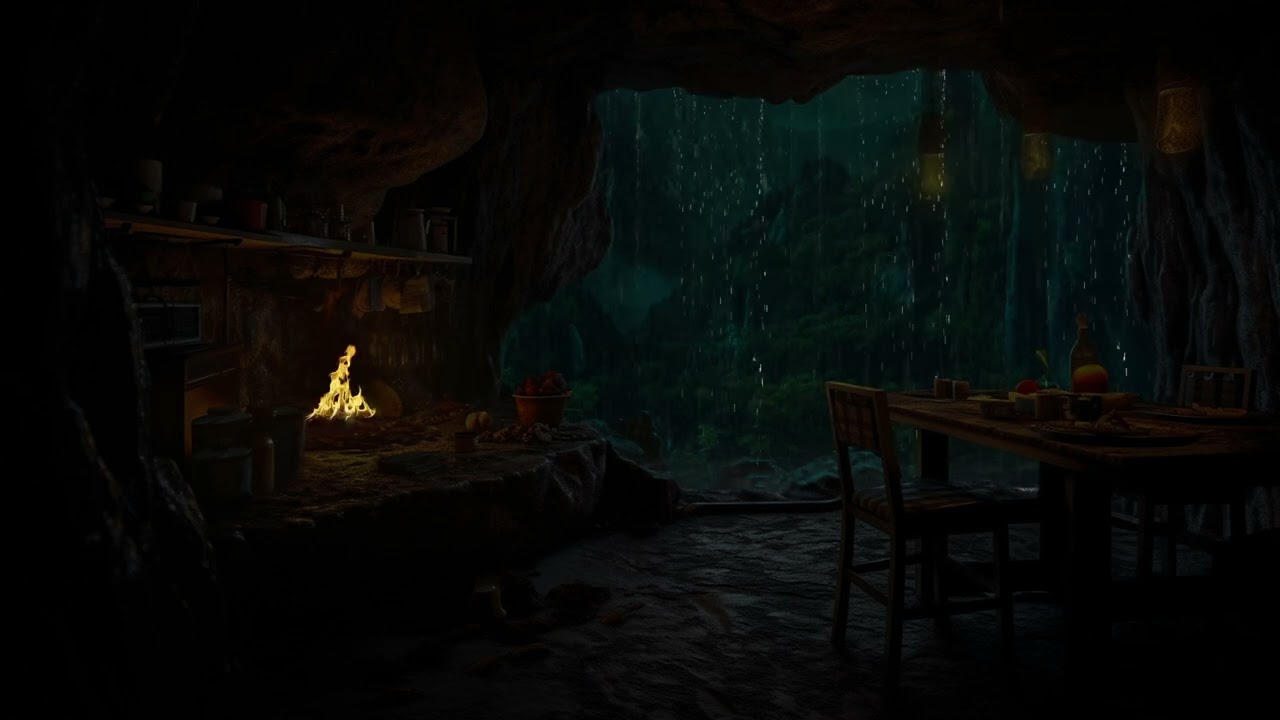 Campfires & 10 Hours of Night in a Cave in Rainy Desert | Thunder & Rain Sounds