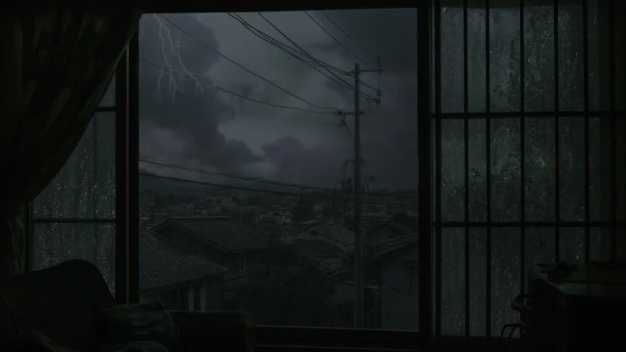 Rainy Night Over Town | Cozy Window View | Soft Rolling Thunders & Rain Ambience