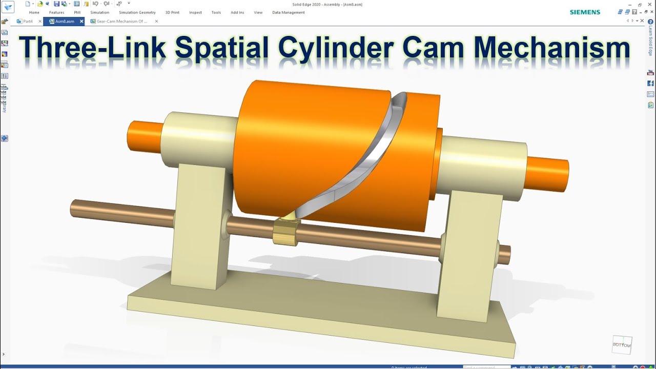 Solid Edge Assembly & Motion Animation #17 | Three-Link Spatial Cylinder Cam Mechanism