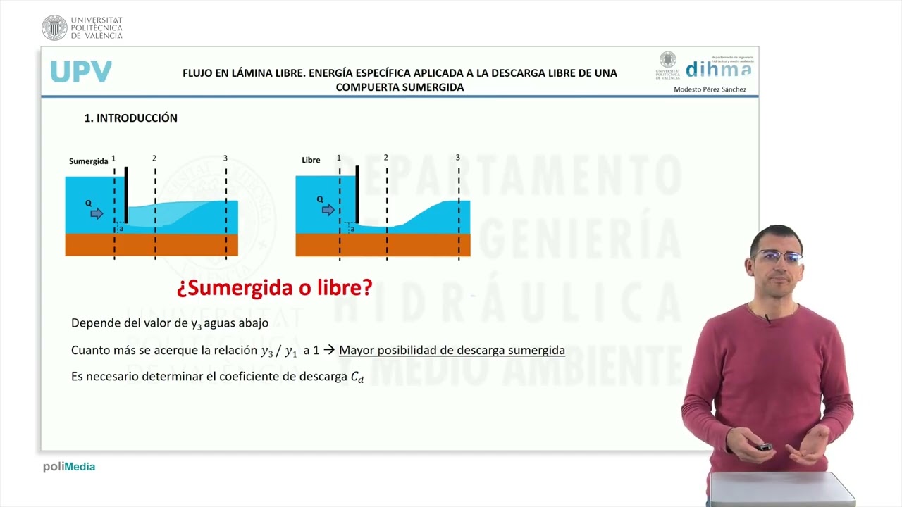 Flujo en lámina libre. Energía específica aplicada a la descarga libre de una compuert | 77/81 | UPV
