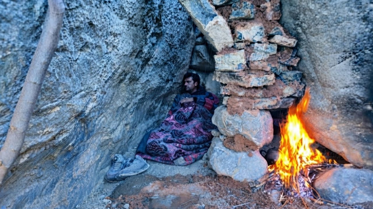 Cold Weather Camping | I Built a Stone Shelter Under a Giant Rock During Heavy Rain
