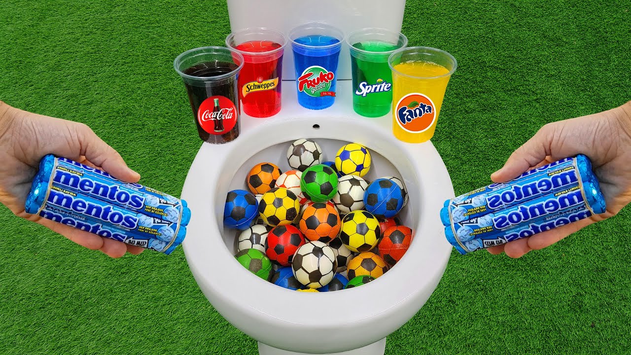 Football VS Popular Sodas !!! Fruko, Coca Cola, Fanta, Schweppes, Sprite and Mentos in the toilet