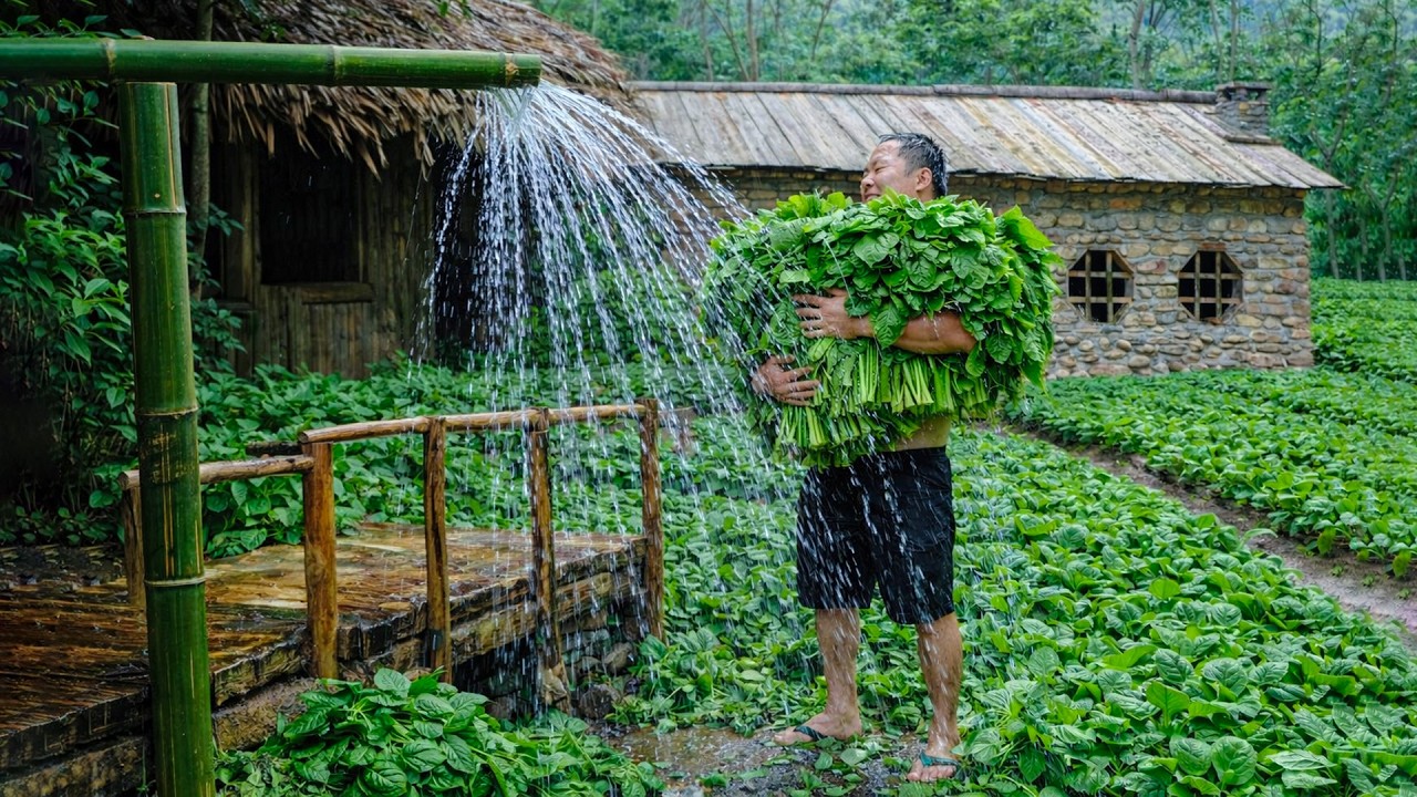 Harvesting green vegetables, making bamboo showerheads, catching giant fish to sell at the market