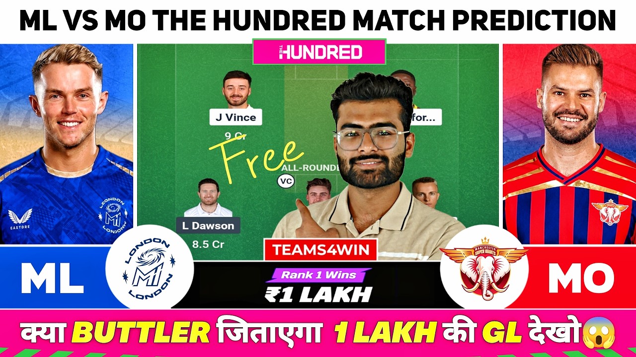 ML vs MO Dream11 Team, ML vs MO Dream11 Prediction, MI London vs Manchester Super Giants The100 Team