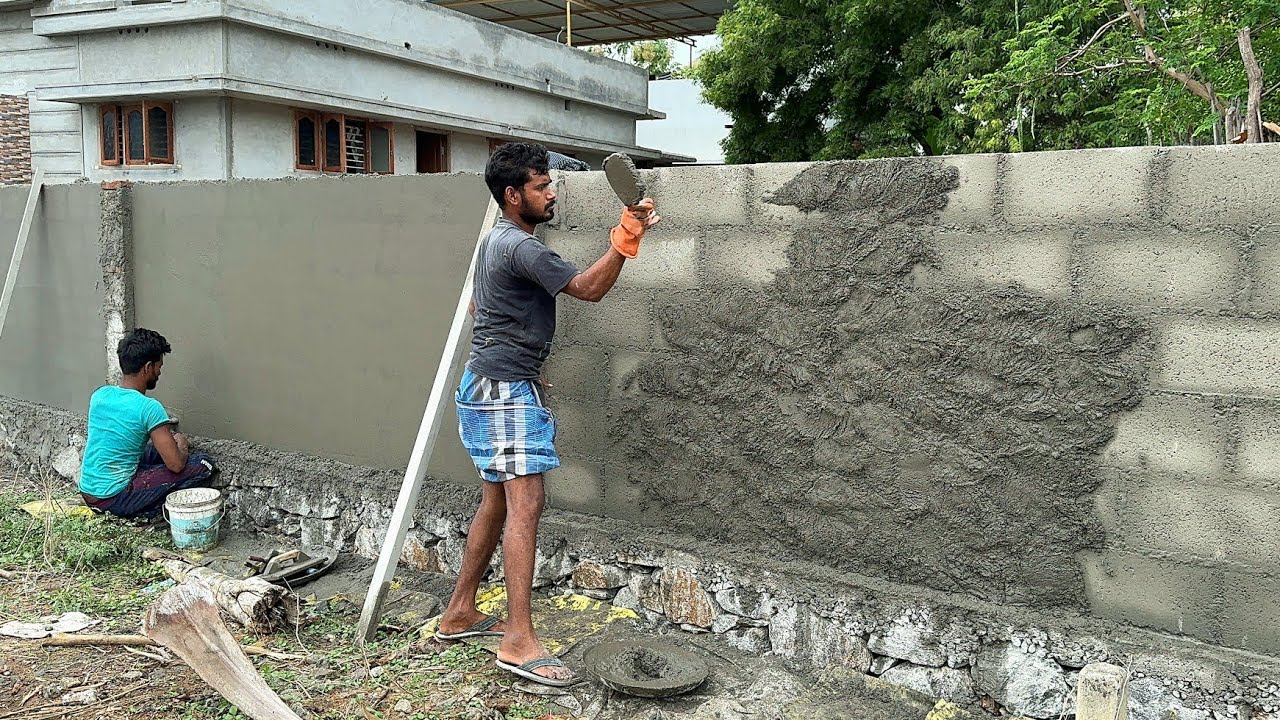 Holllowblock Wall Plastering Technique_Compoundwall Construction|Wall Plastering Method