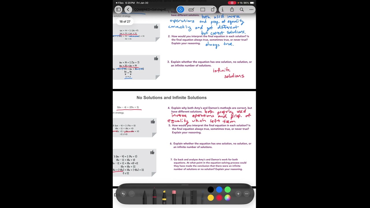 Math 8 - Unit 4 Topic 1 - Day 3 - No Solutions, Infinite Solutions, and Equation Applications