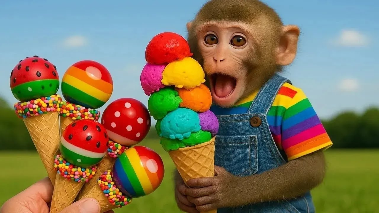 Mono crea helado arcoíris con gatito en el taller de pintura | Baba Em PT