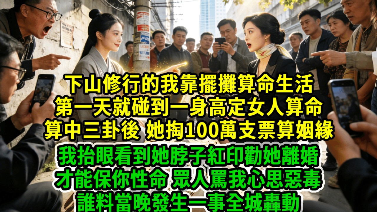 下山修行的我靠擺攤算命生活，第一天就碰到一身高定女人算命，算中三卦後 她掏100萬支票算姻緣，我抬眼看到她脖子紅印勸她離婚，才能保你性命，眾人罵我心思惡毒，誰料當晚發生一事全城轟動！#風起雲湧 #爽文