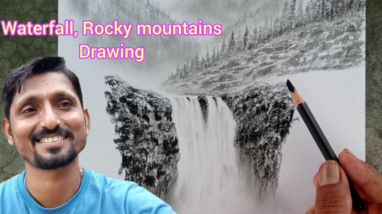 How to draw waterfall with rocky mountain in pencil || Drawing for beginners ||