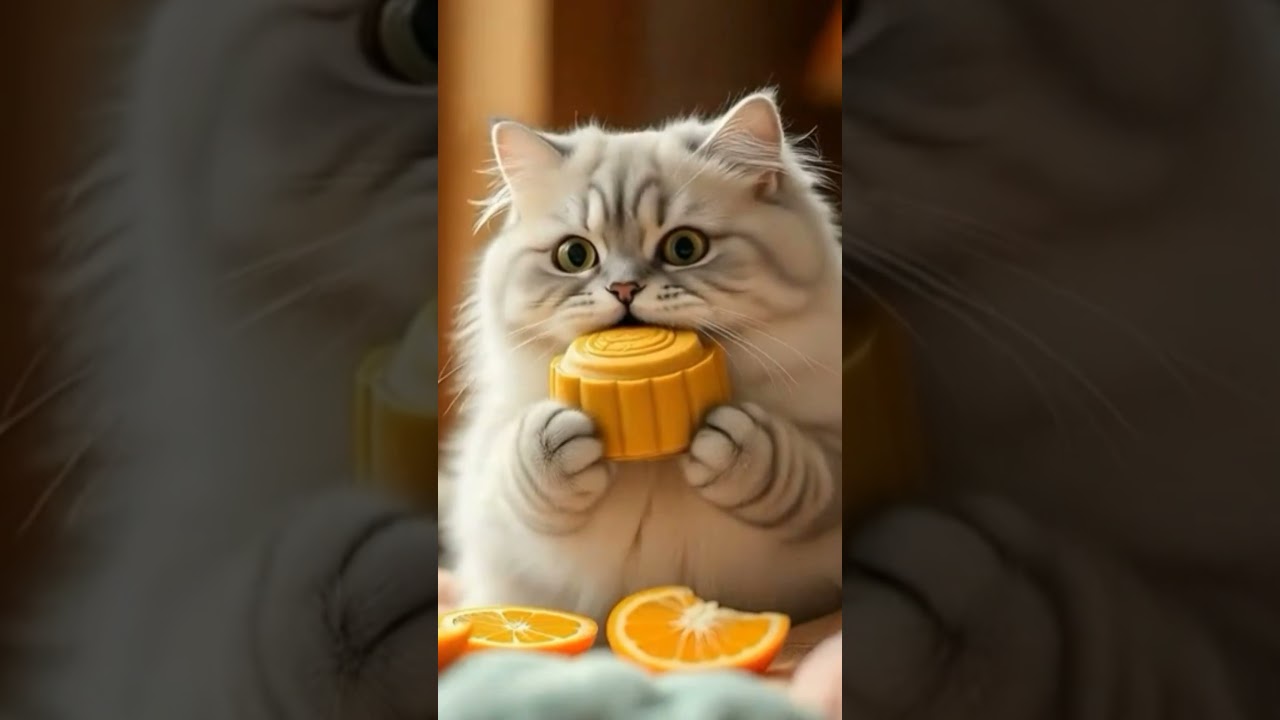 cute fat cat eating moon cake 