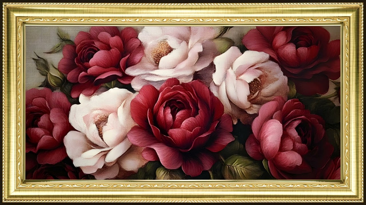 Gold Framed Roses Bouquet for Valentines Day, Oil Painting | Art Screensaver for TV