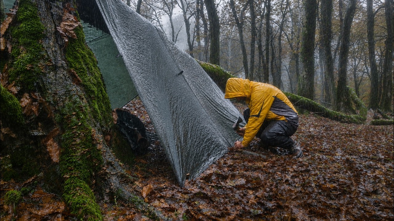 SOLO CAMPING in Heavy Rain | Bushcraft Tarp Shelter & Campfire ASMR