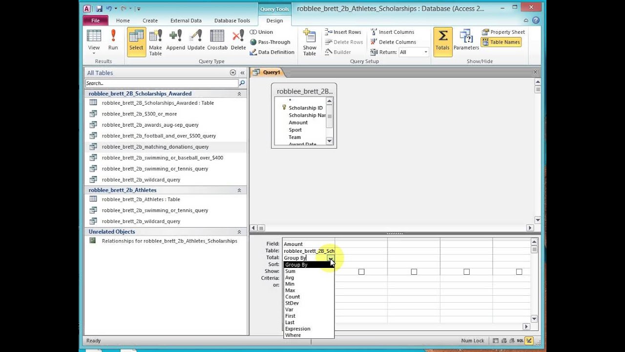 Using the MIN, MAX, AVG, and SUM function in a query - Activity 2.24
