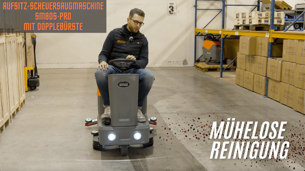 Testvideo der Graefer SM80S-PRO – der kompakten Aufsitz-Scheuersaugmaschine mit Doppelbürste!