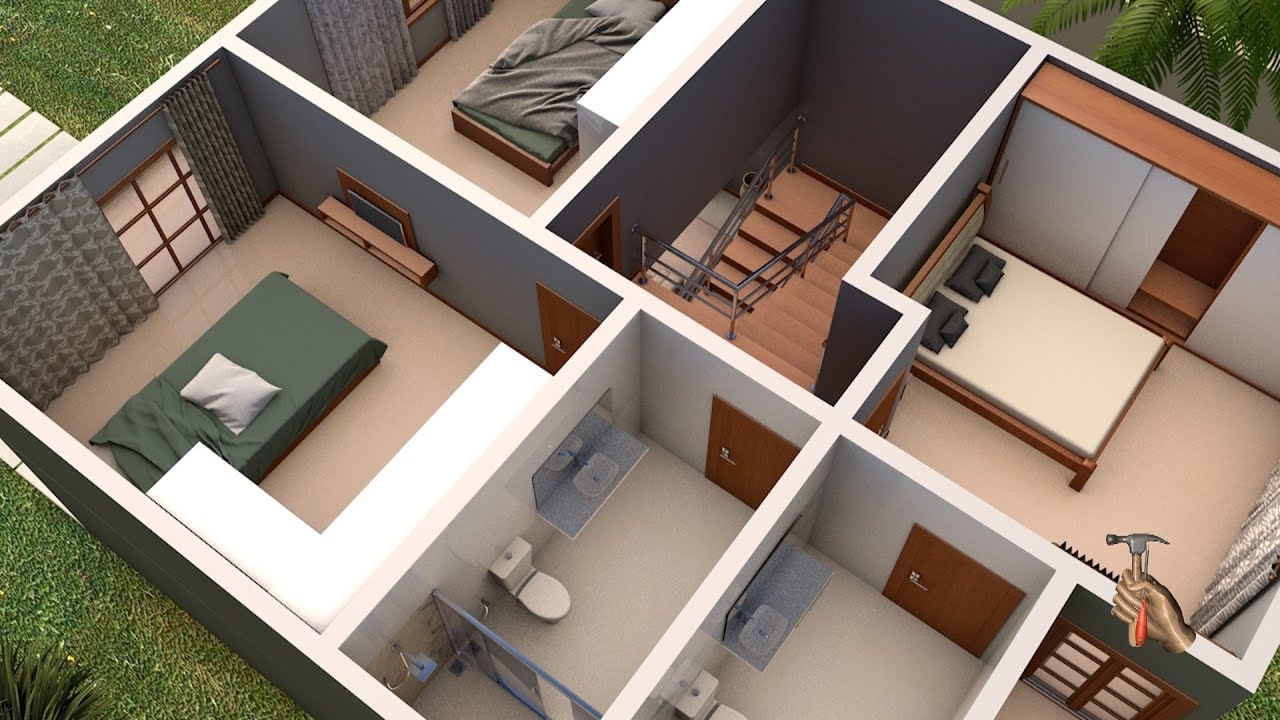 Planta 3D de Casa Duplex com três quartos, garagem  e cozinha americana