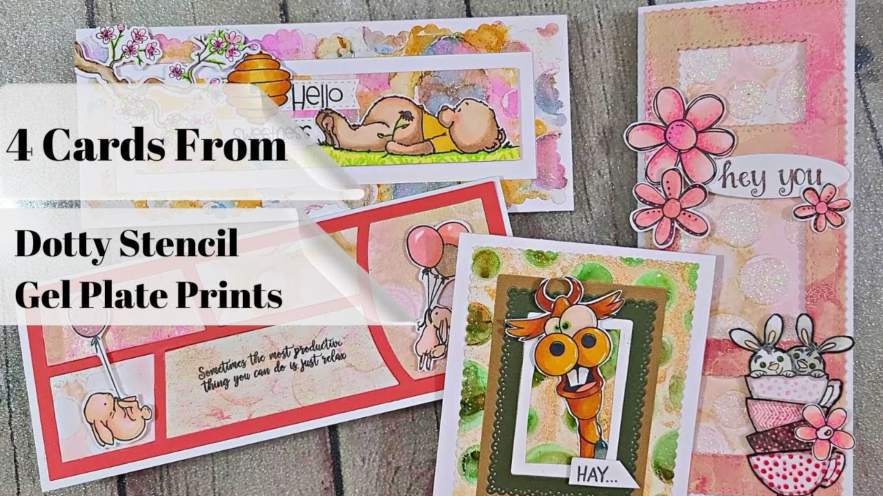 4 Cards || Dotty Stencil Gel Plate Prints