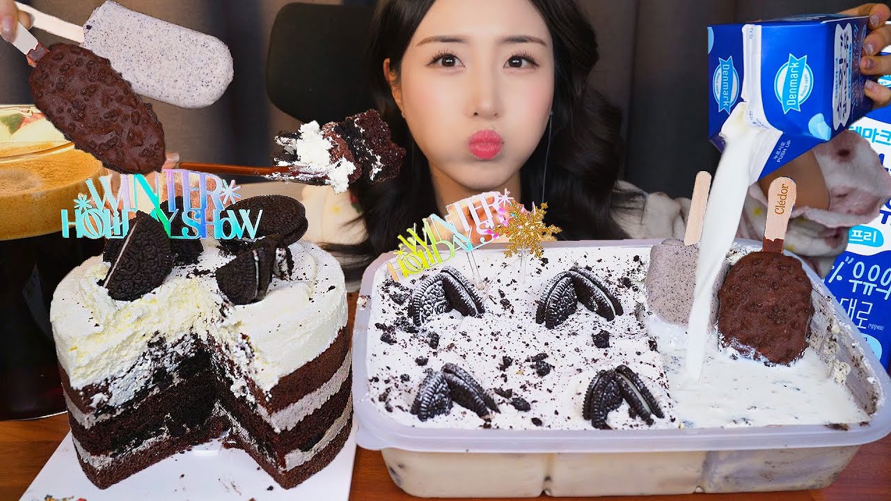 Десерт Торт Oreo🖤 Шоколадный торт с молоком АСМР МукбангㅣDessert Chocolate Cake Mukbang