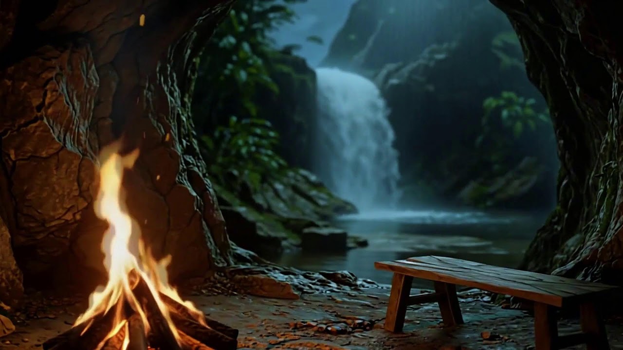 Peaceful Fire & Waterfall Ambience with Birds  | ASMR | Focus & Relax
