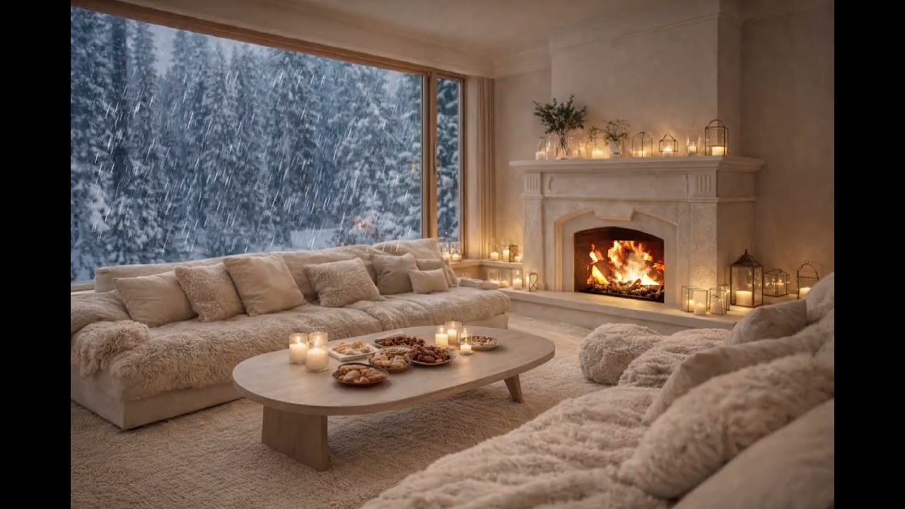 Warm winter fireplace with snow outside. Relaxing ambience for fall a sleep, studying and relaxing.
