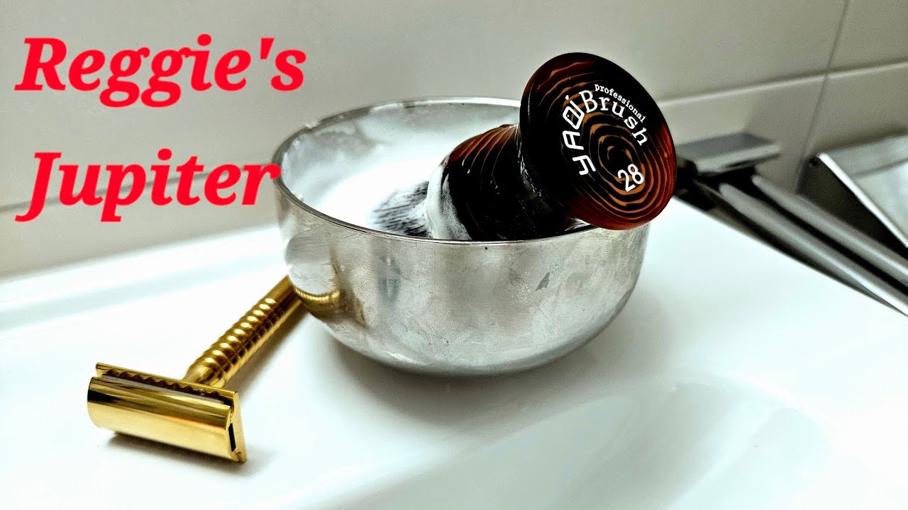 Reggie's Jupiter DE Safety Razor. Ariana and Evans Mafiosa's Retreat Shaving Soap. Yaqi Brush.