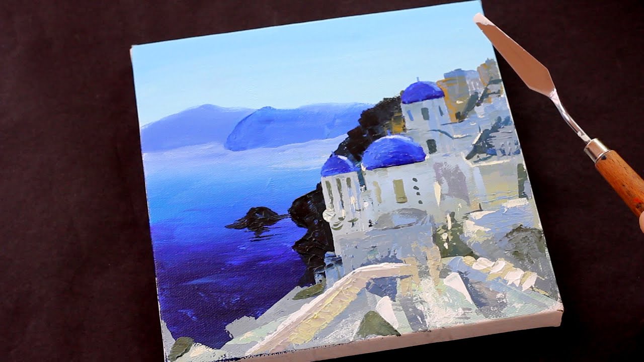 Landscape Painting / Santorini Painting with palette knife for beginners / Seascape / Day #219