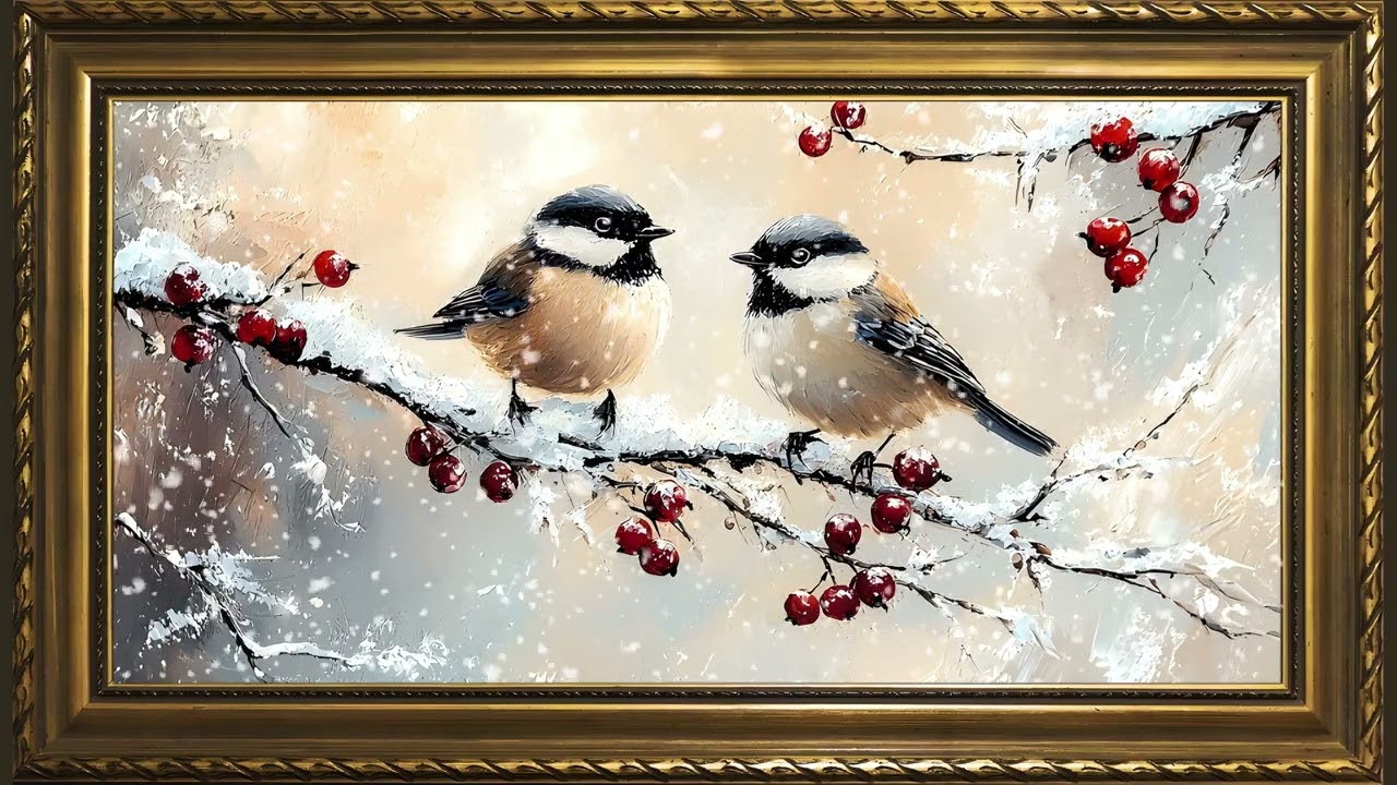 Snowy Winter Birds, Vintage Oil Painting | Gold Framed TV Art Screensaver with Calm Music