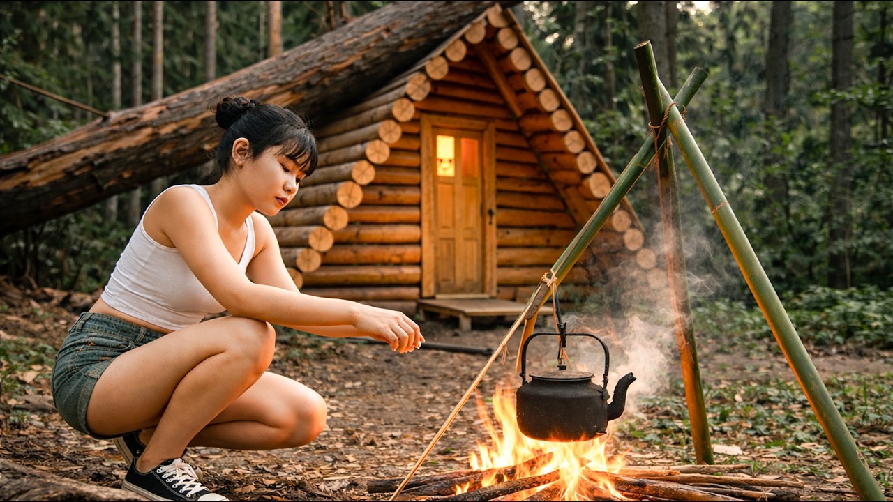 Building a Wooden Hut in the Forest for Shelter | A Girl's 24-Hour Solo Survival Challenge