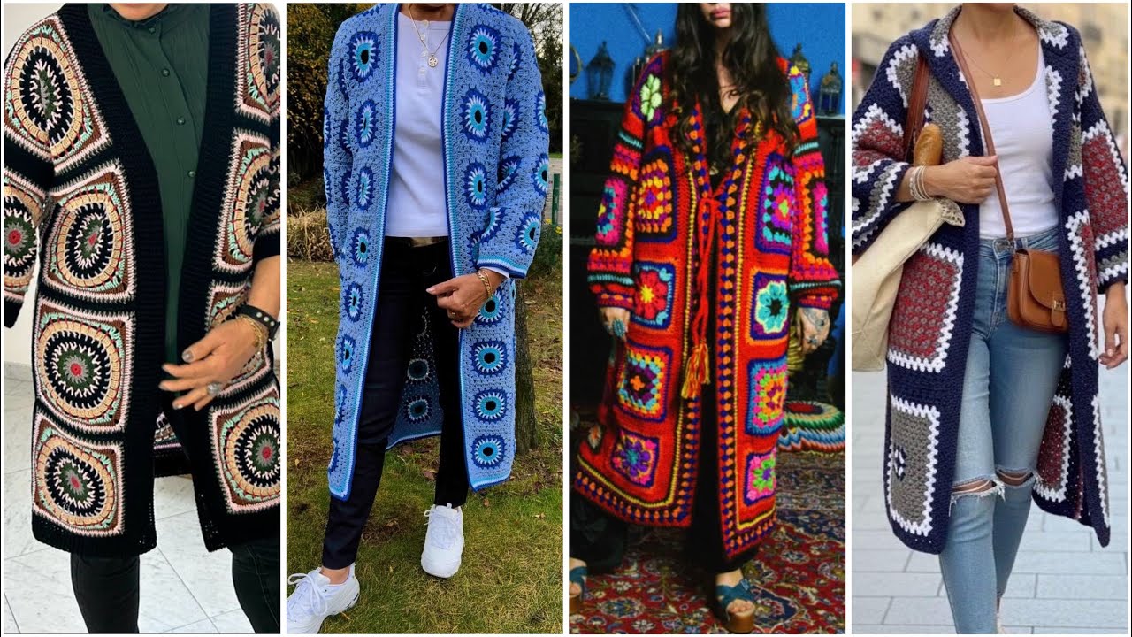 Gorgeous  granny crochet square pattern long cardigan designs ideas 