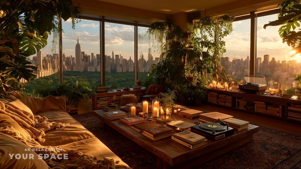 Escape Reality 🍷 Golden Central Park Home with Piano & Guitar (Stress Relief)