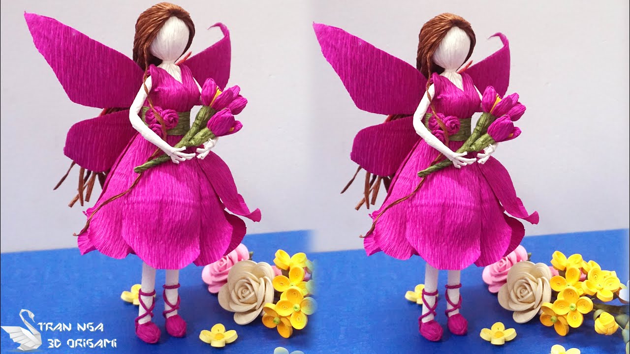 Crepe paper flower fairy doll , rose fairy | Tutorial de muñeca de hadas de flores de papel crepé