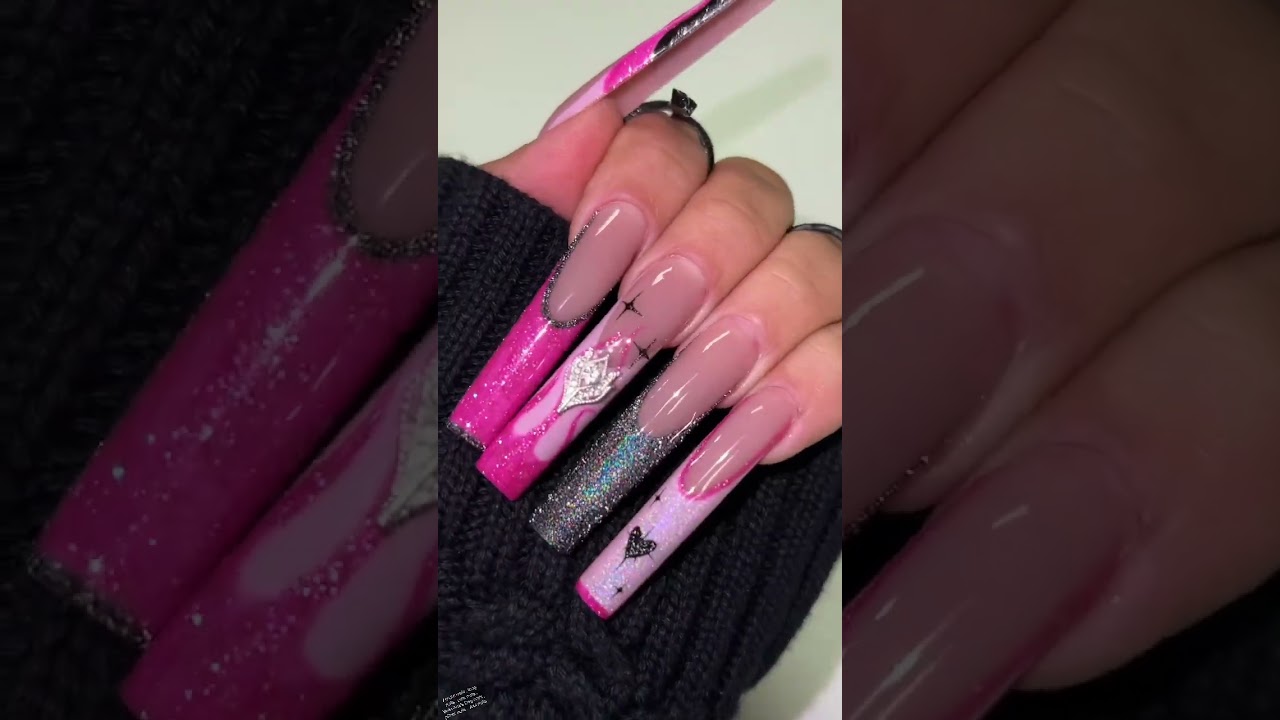 Pink and Black Nails #nails #acrylicnails #frenchtipnails #valentinesnails
