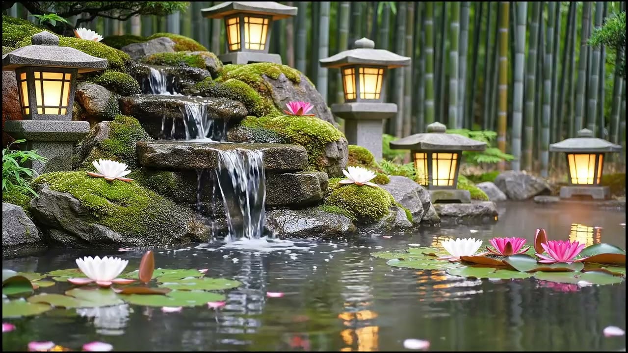 Relaxing lantern Pond 💧 Bamboo Water Flow for Meditation. Deep Relaxation 🌿 Flowing Water