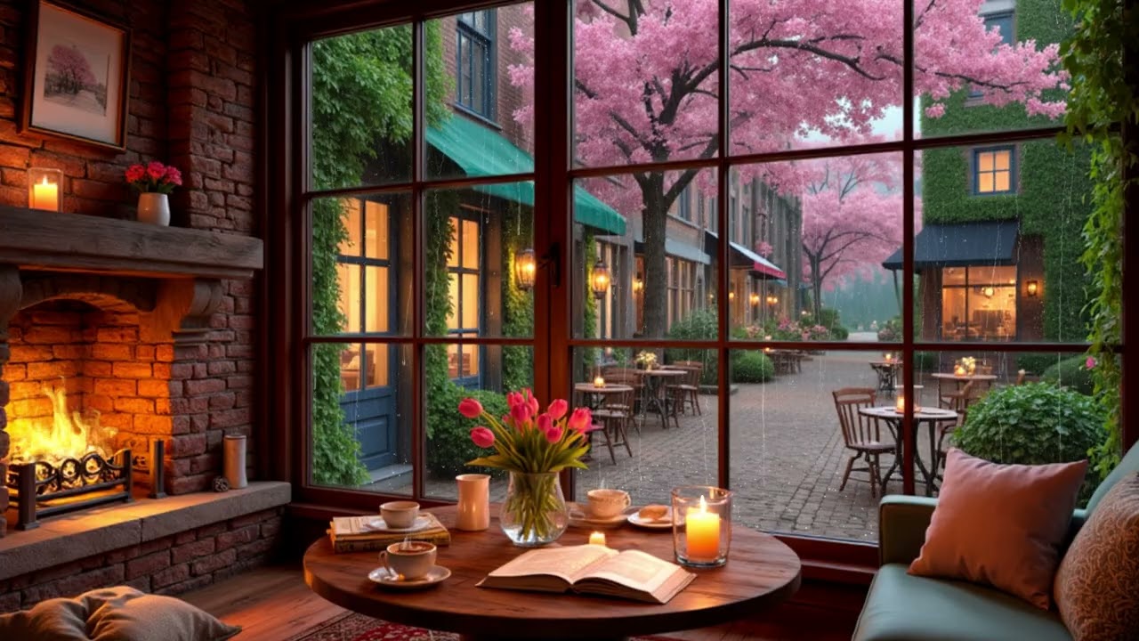 Peaceful Rain Café Jazz ☕🌧️ Warm Piano & Soft Fireplace Sounds for a Calm Evening Retreat