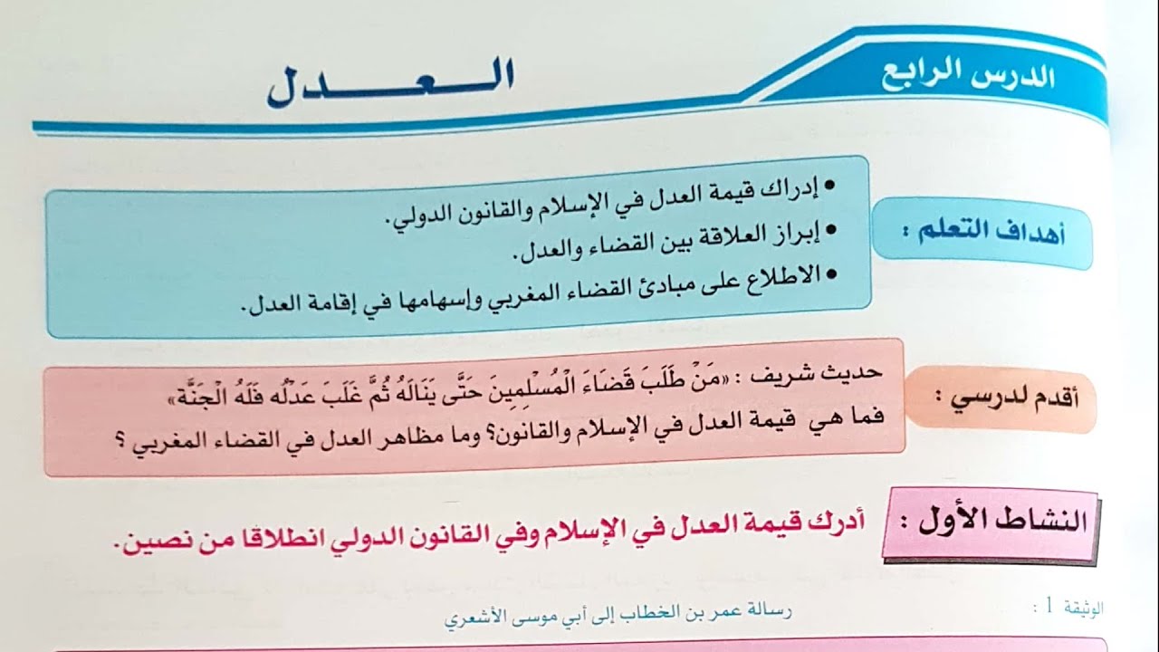 ملخص درس : العدل - للمستوى الاولى اعدادي