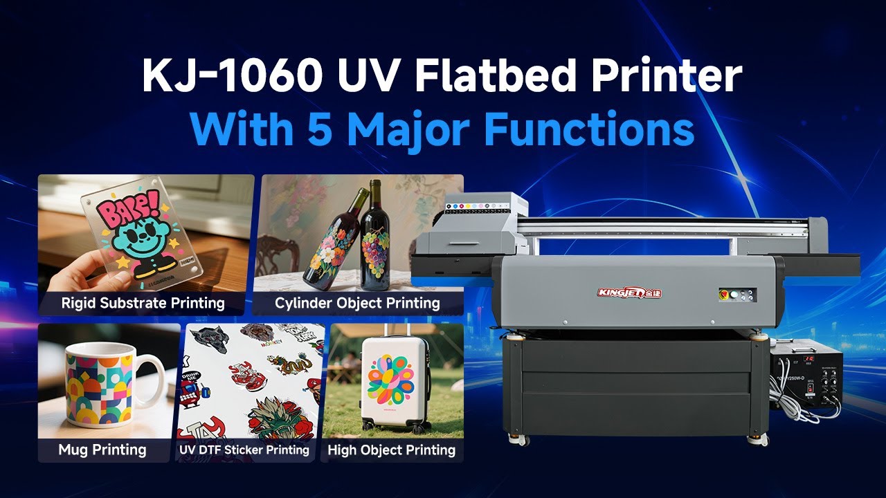 KingJet KJ-1060 Versatile UV Printer Printing on Acrylic, Cylinders, Signs, UV Stickers, and More.