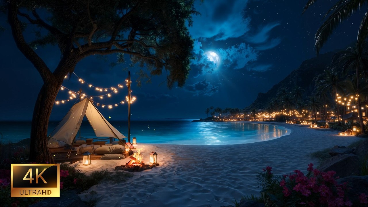 Tranquil Seaside Night 🌙 Ocean Waves & Fire Sounds for Relaxation