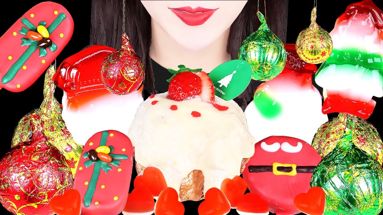 ASMR CHRISTMAS DESSERTS, SNOW CAKE, SANTA JELLY, ORNAMENT CHOCOLATE, 크리스마스 디저트, 페스츄리 케이크, 산타젤리 먹방