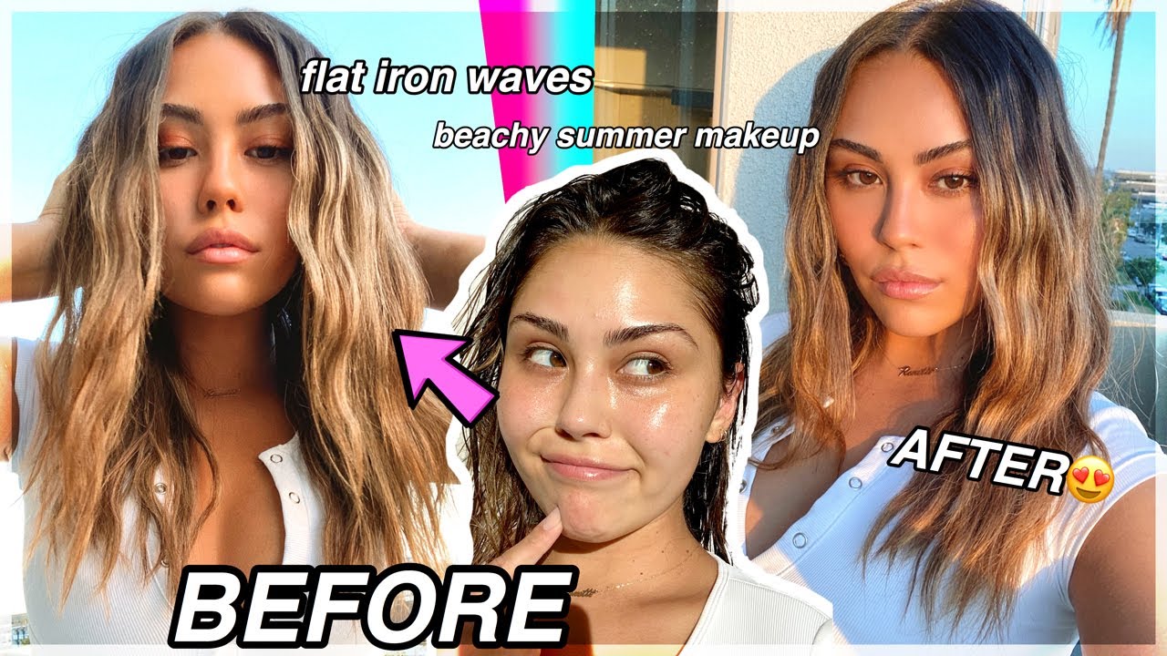 20 MIN SUMMER TRANSFORMATION: Quick Beachy Flat Iron Waves and Glowy Summer Makeup