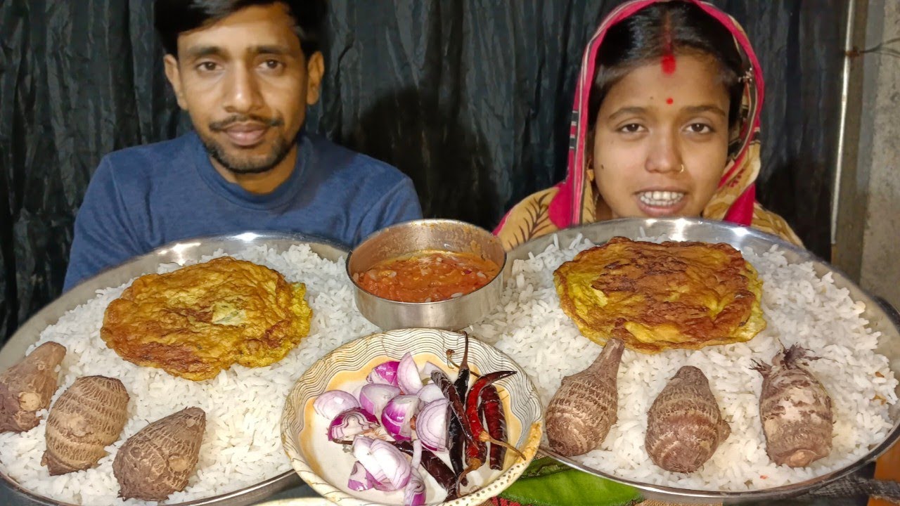 Eating Challenge | Rice,Egg Omelette, Taro Mash Tomato Chutney | ভাত ডিম ভাজা কচু ভর্তা টমেটো চাটনি।