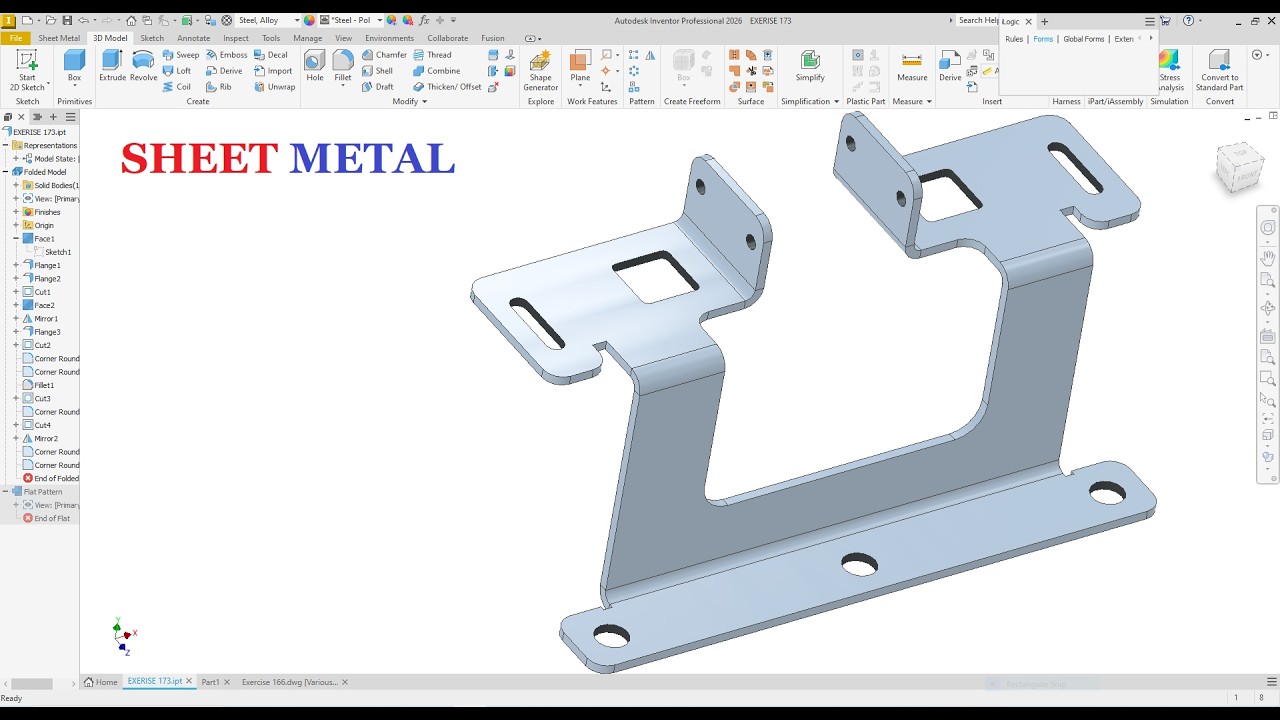 Autodesk inventor Sheet metal tutorial l Sheet Metal  EXERCISE 173