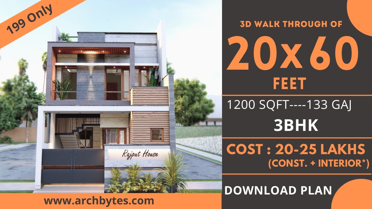 20x60 Feet Modern House Design 3D: 3 Bedrooms, 3 Bathrooms, Single Storey, Terrace Garden -1200 Sqft