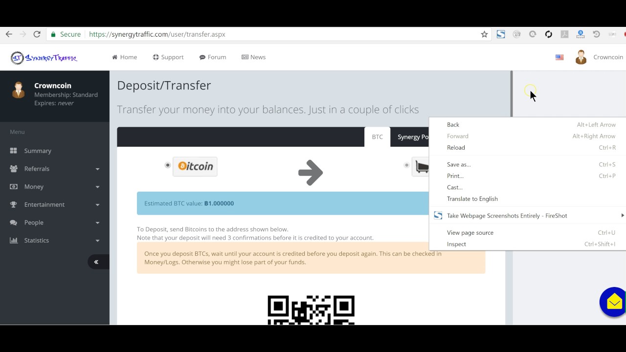 SynergyTraffic - How To Deposit Bitcoins