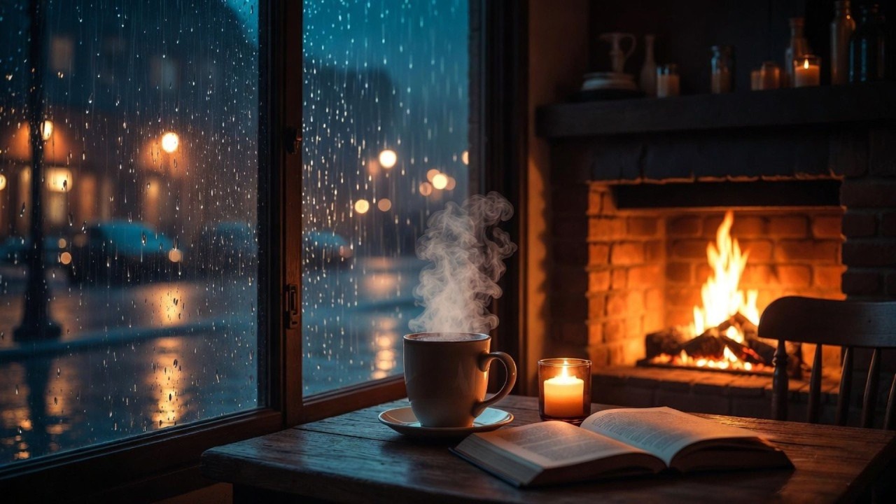 Cozy Rain Coffee Corner ☕ Fireplace   Rain Sounds for Relaxing, Studying, and Sleep